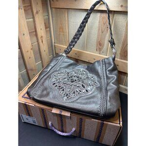 Brighton Masterpiece Pewter Anju Beaded Leather Shoulder Bag Retired Design